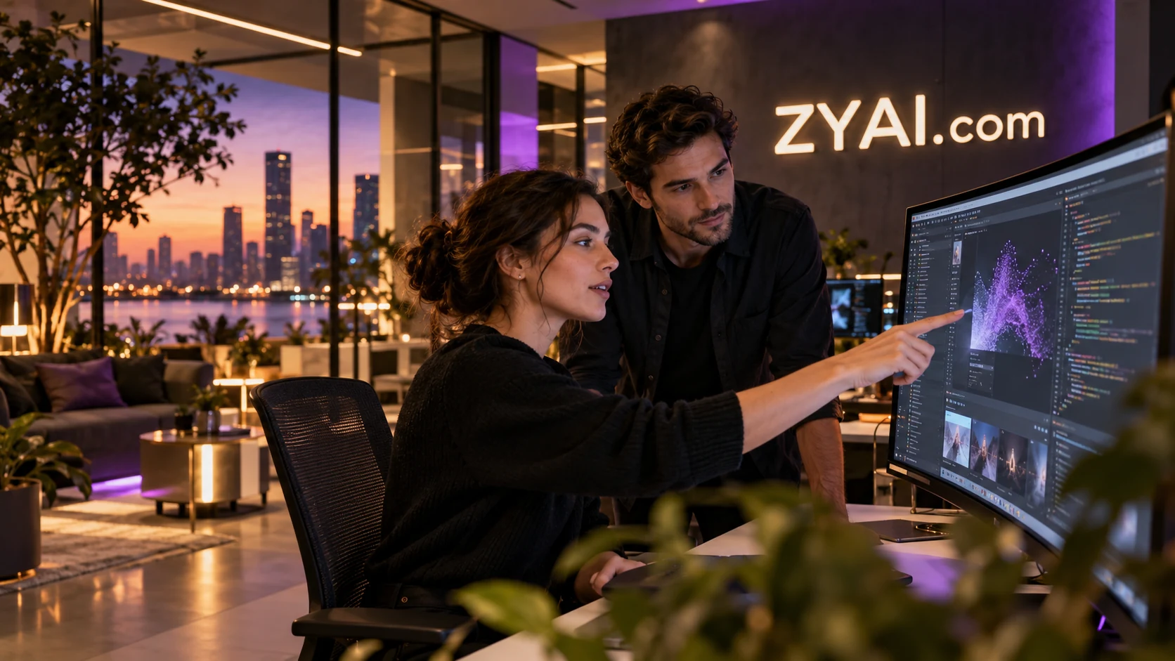 Technology professionals working together in a contemporary AI software studio